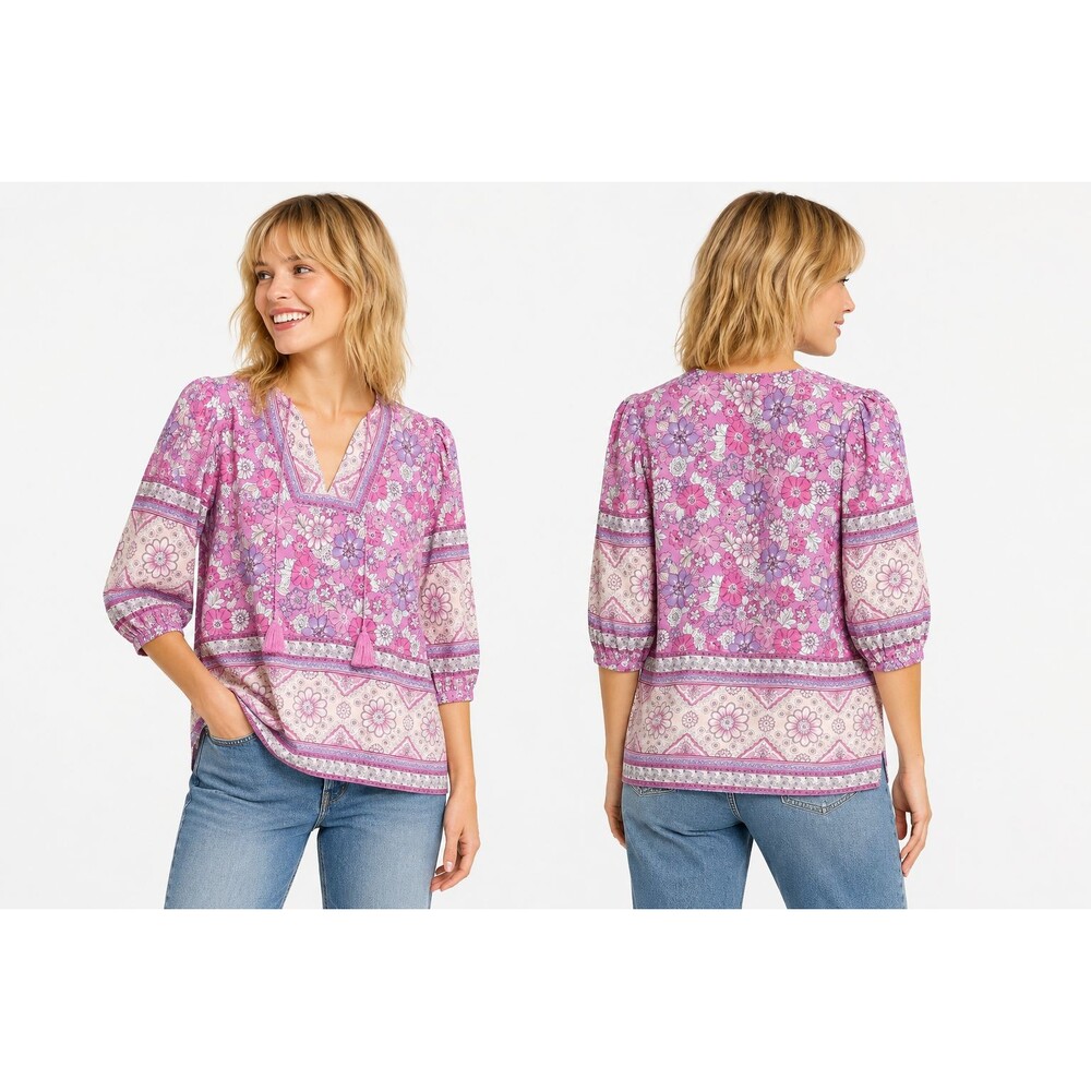 New Umgee M 8 10 Lavender Kalamkari Floral Border Print Rayon Tassel Tie Top